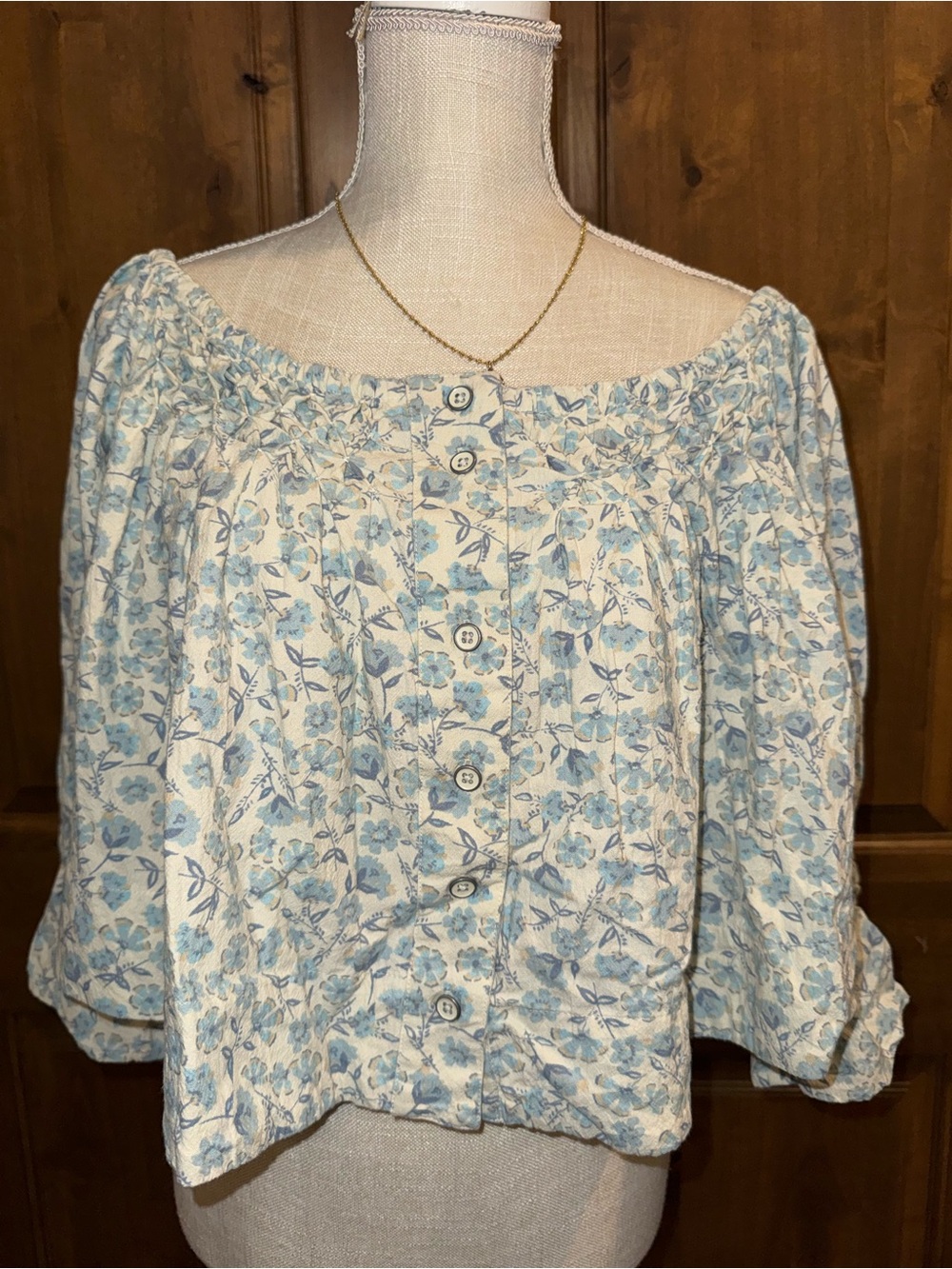 Free People James Off The Shoulder Smock Crop Top Blue Floral Peasant Blouse
